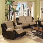 Beige Microfiber Motion Recliner Sofa w/Brown Faux Leather Sides
