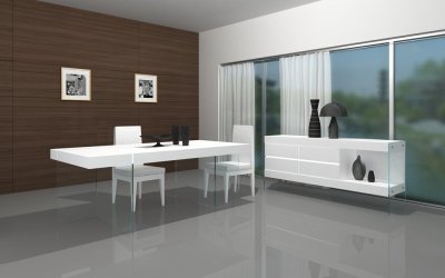 White Finish Modern Dining Table w/Glass Base & Optional Items