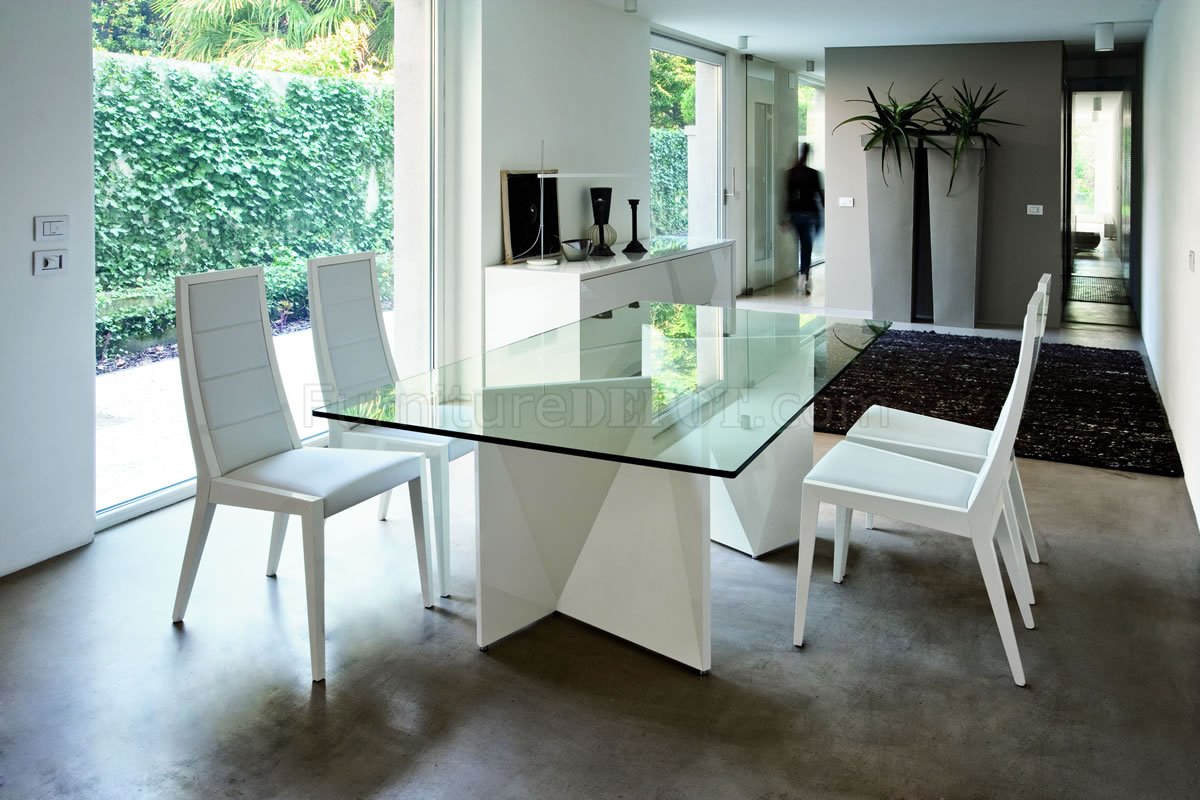 White Ultra Modern Dining Table w/Two Pedestal Legs & Glass Top
