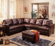 Brown Bonded Leather Modern Sectional Sofa w/Baseball Stitching