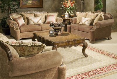 Tan Chenille Traditional Sofa & Loveseat Set w/Hand Carvings