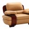 Tan Leather Modern Living Room W/Cherry Wooden Arms
