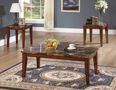 Medium Brown Cherry Contemporary 3PC Table Set w/Marble-like Top