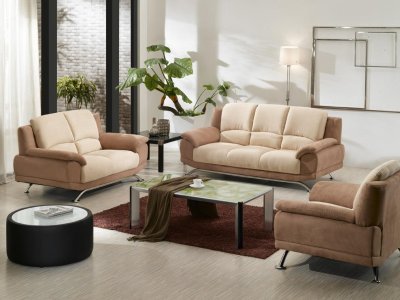 Beige & Cream Two-Tone Microfiber 3Pc Modern Living Room Set