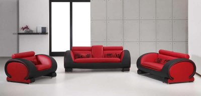 Red & Black Two-Tone Bonded Leather Modern 3Pc Sofa Set