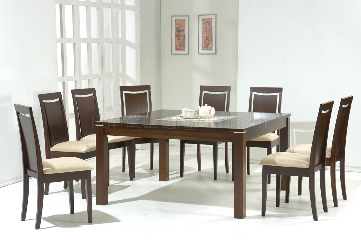 Dark Walnut Modern Dining Table w/Glass Inlay & Optional Chairs