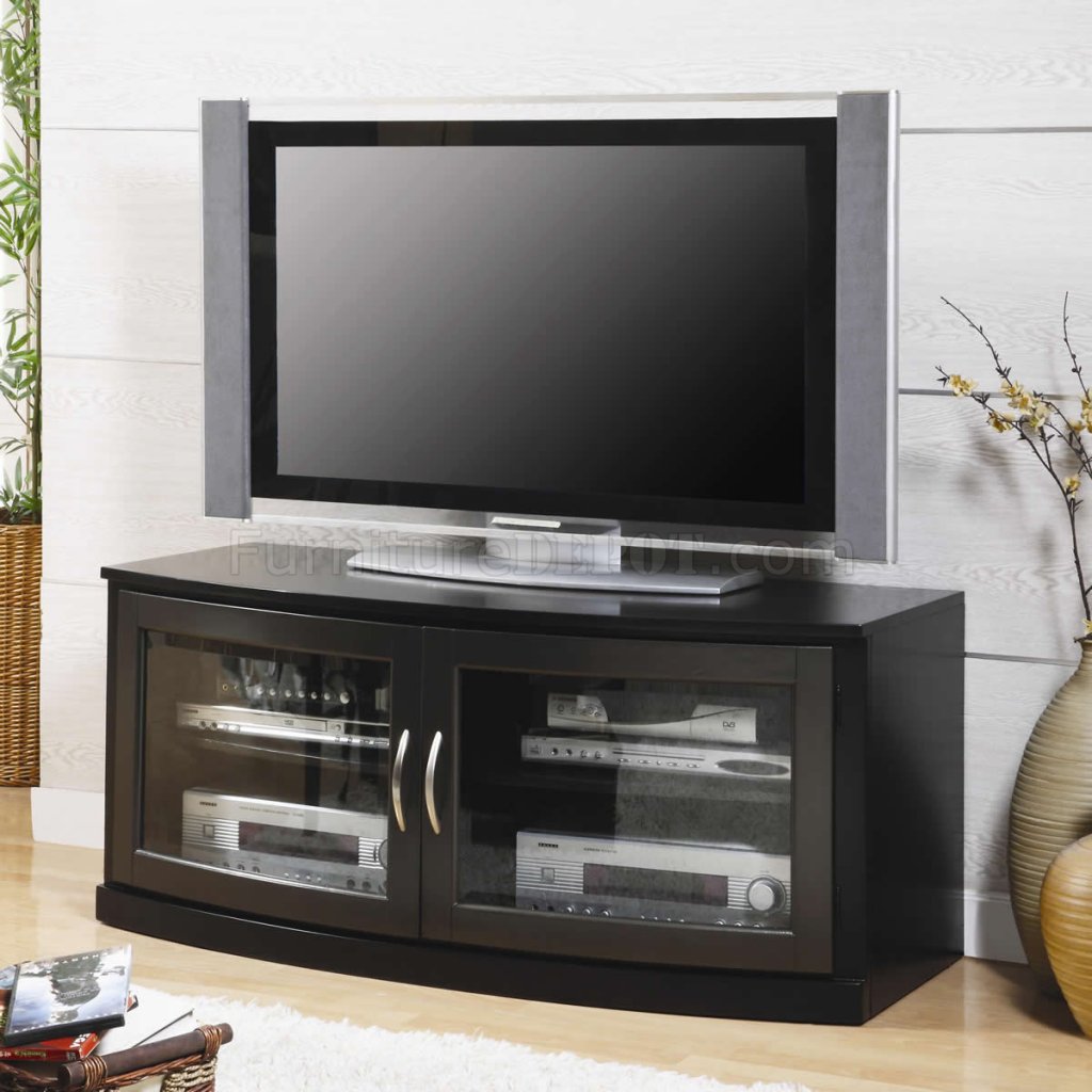 Black Finish Modern TV Stand w/Two Glass Doors