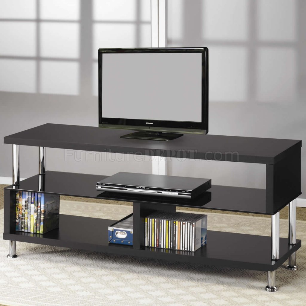 Black Tempered Glass & Chrome Accents Modern TV Stand