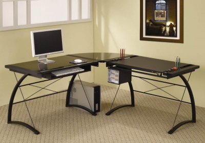 Black Glass Top & Metal Base Modern Home Office Desk