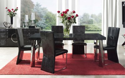 Black Eco-Leather Modern Formal Dining Room Table w/Chrome Legs