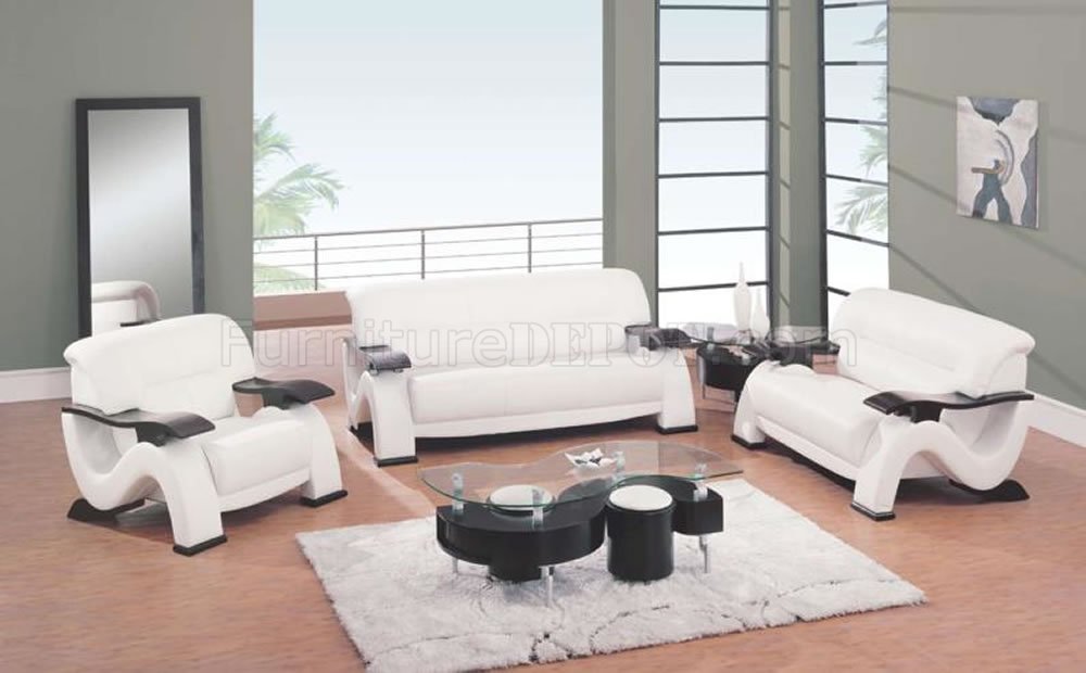 modern white leather living room sofa w/cappuccino finish arms