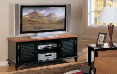 Two-Tone Antique Black & Oak Finish TV Stand w/Storage Cabinets