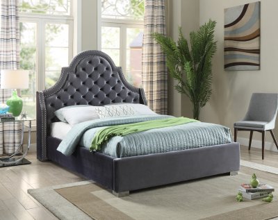 Madison Upholstered Bed in Grey Velvet Fabric w/Options
