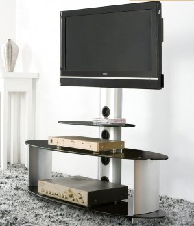 Silver Modern TV Stand w/Black Glass Shelves