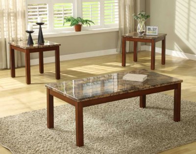 Cherry Finish Modern 3Pc Coffee Table Set w/Faux Marble Top