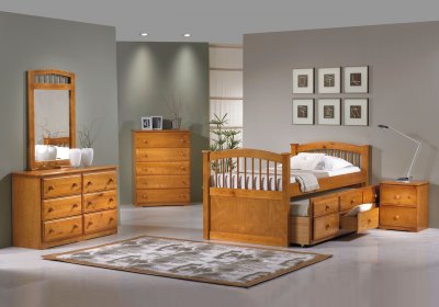 Natural Honey Contemporary Kids Bed w/Trundle & Storage Drawers