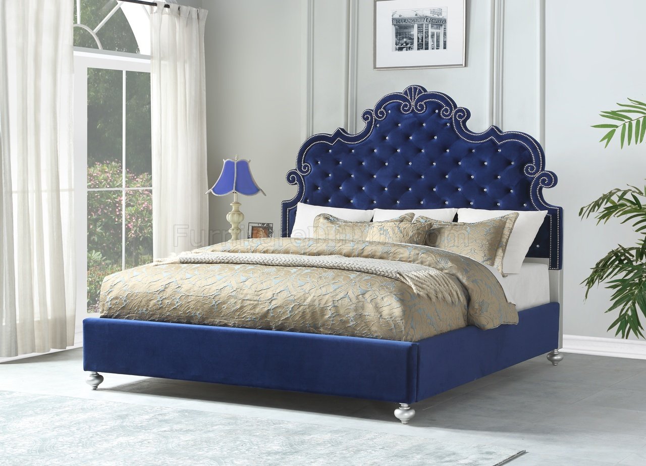 Amira Upholstered Bed in Blue Velvet Fabric