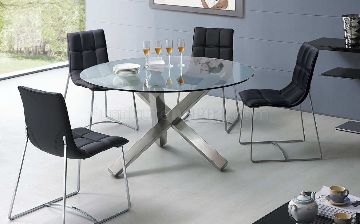 Clear Glass Round Top Modern Dining Table w/Metal Base & Options