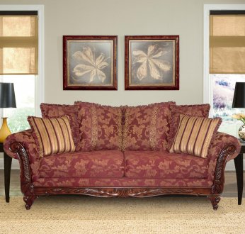 Burgundy Fabric Traditional Livng Room Sofa w/Carving Details