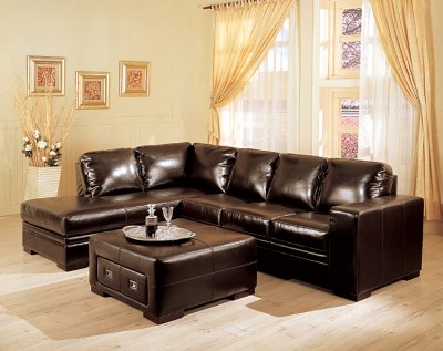 Dark Brown Bycast Leather Sectional Sofa w/Storage Ottoman