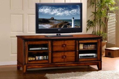 Distressed Amber Finish Classic TV Stand w/Drawers & Doors