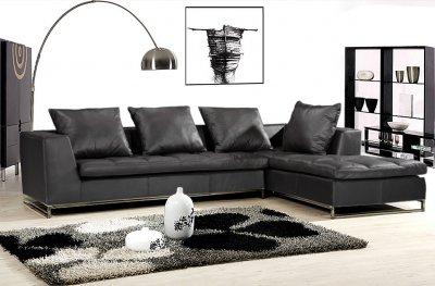Modern Sectional Sofa on Black Full Leather Modern Sectional Sofa With Tufted Seat