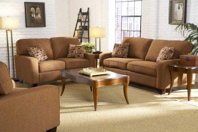 Tan Chenille Contemporary Sofa w/Cherry Wooden Legs | Furniture Clue