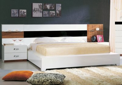 Walnut Wood, White & Black High-Gloss Modern Queen Size Bed