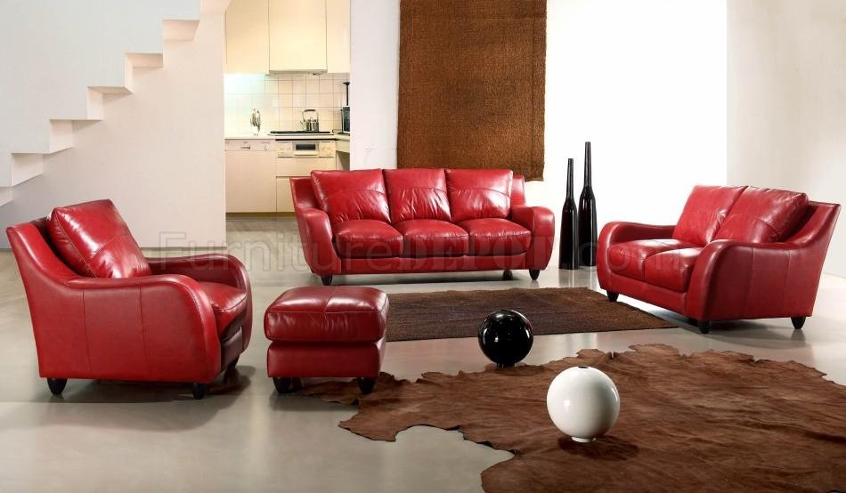 Red Full Italian Leather Modern 3pc, Modern Leather Living Room Set
