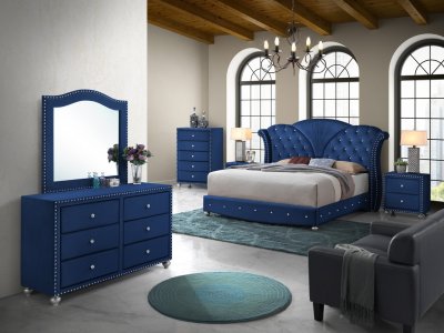Alana Bedroom Set 5Pc in Blue Velvet Fabric