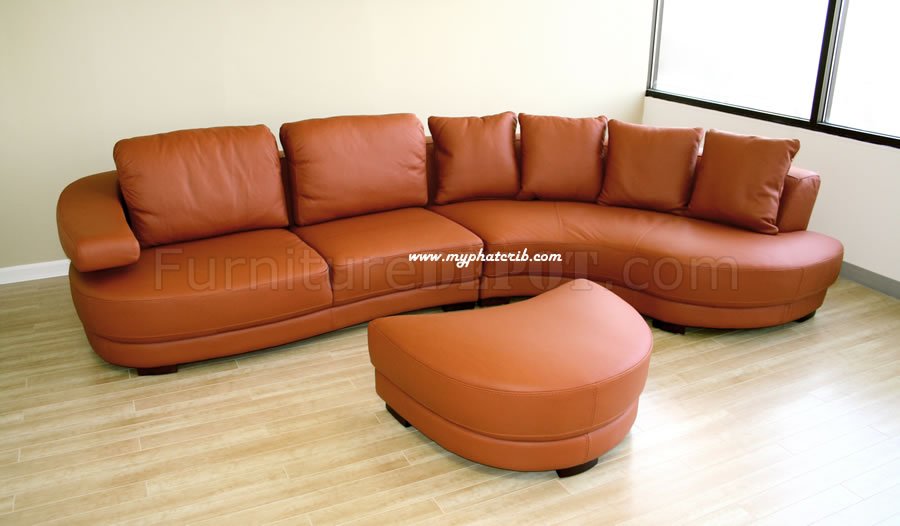 Curved Sectional Sofa In Burnt Orange, Orange Leather Sofa