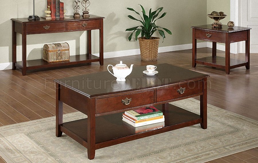 Dark Cherry Traditional 3Pc Table Set w/Drawers & Shelves - Click Image to Close