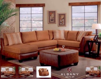 Verona Cognac Leatherette & Fabric Sectional Sofa w/Options [ALSS-407 Verona Cognac]