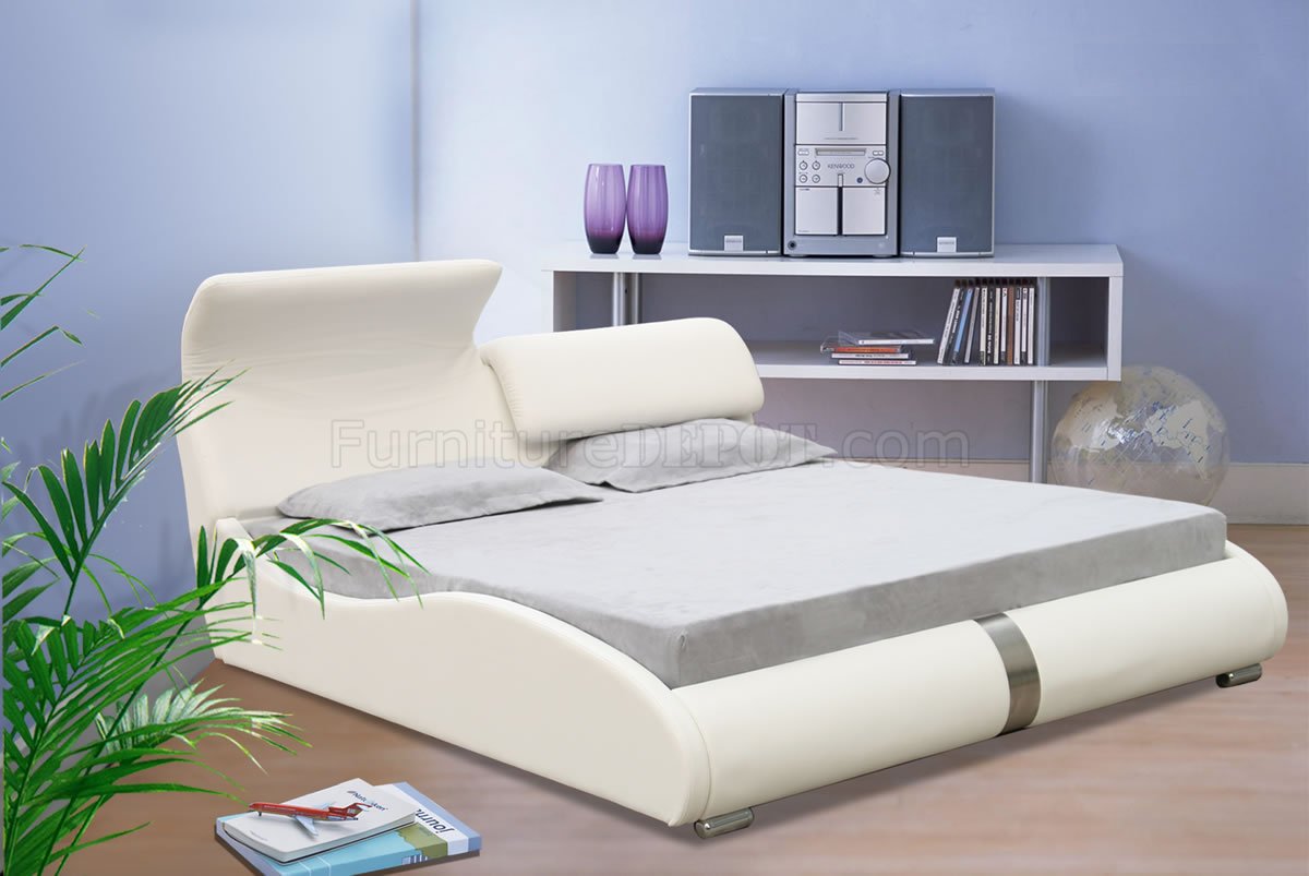 White Leatherette Contemporary Bed w/Adjustable Flap Headboard - Click Image to Close