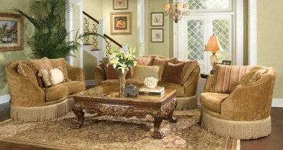 Tan Chenille Classic Sofa & Loveseat Set w/Kidney Shaped Design