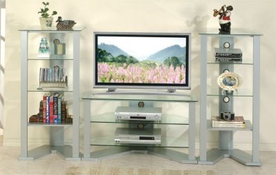 Silver Modern TV Stand w/Glass Shelves & Optional Shelf Units