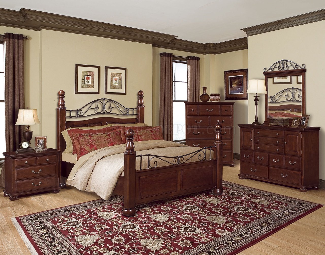 Rich Cherry Classic Bedroom w/Scrolling Metal Decorative Details - Click Image to Close