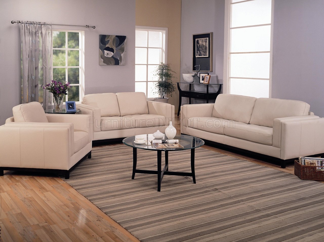 Cream Leather Contemporary Living Room Sofa w/Options - Click Image to Close