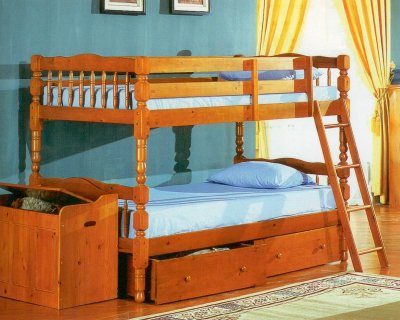 Honey Oak Finish Modern Twin Over Twin Bunk Bed w/Ladder