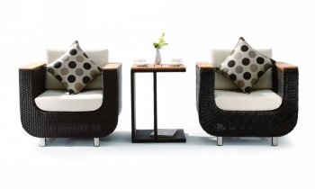 Set of 2 Patio Black Armchairs & Side Table w/Wooden Accents [VGOUT-Renava]