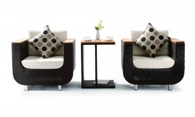 Set of 2 Patio Black Armchairs & Side Table w/Wooden Accents
