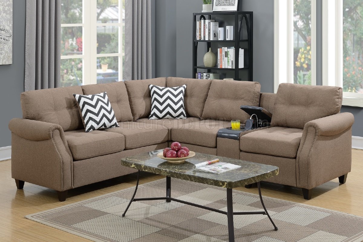 F6595 Sectional Sofa In Light Coffee Fabric By Poundex