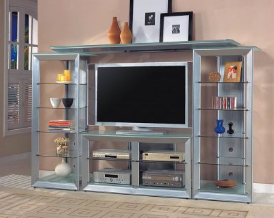 Silver Color Contemporary Tv Stand W/Glass Shelves