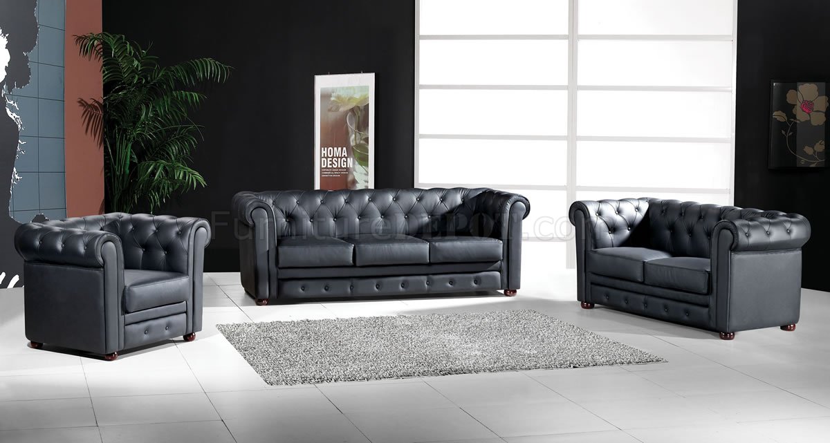 Black Top Grain Italian Leather Modern 3PC Living Room Set - Click Image to Close