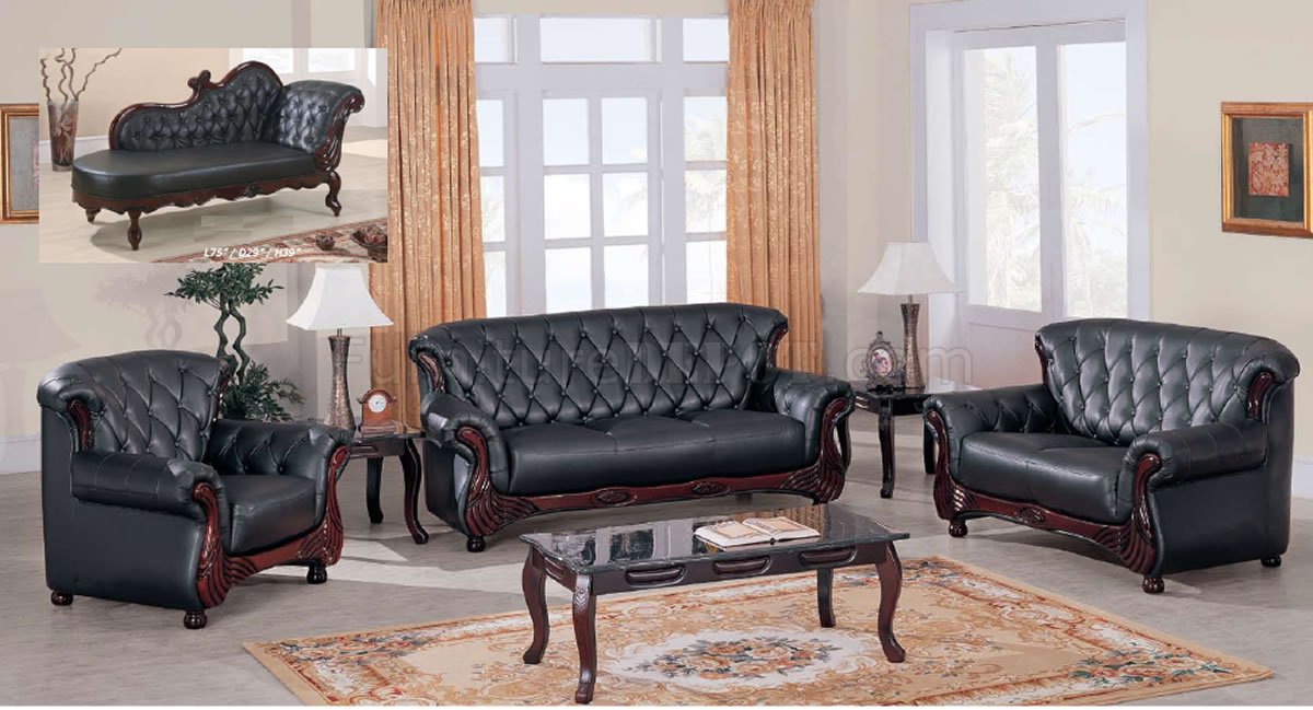 Black Leather Classic Living Room Sofa W/ButtonTufted Backs