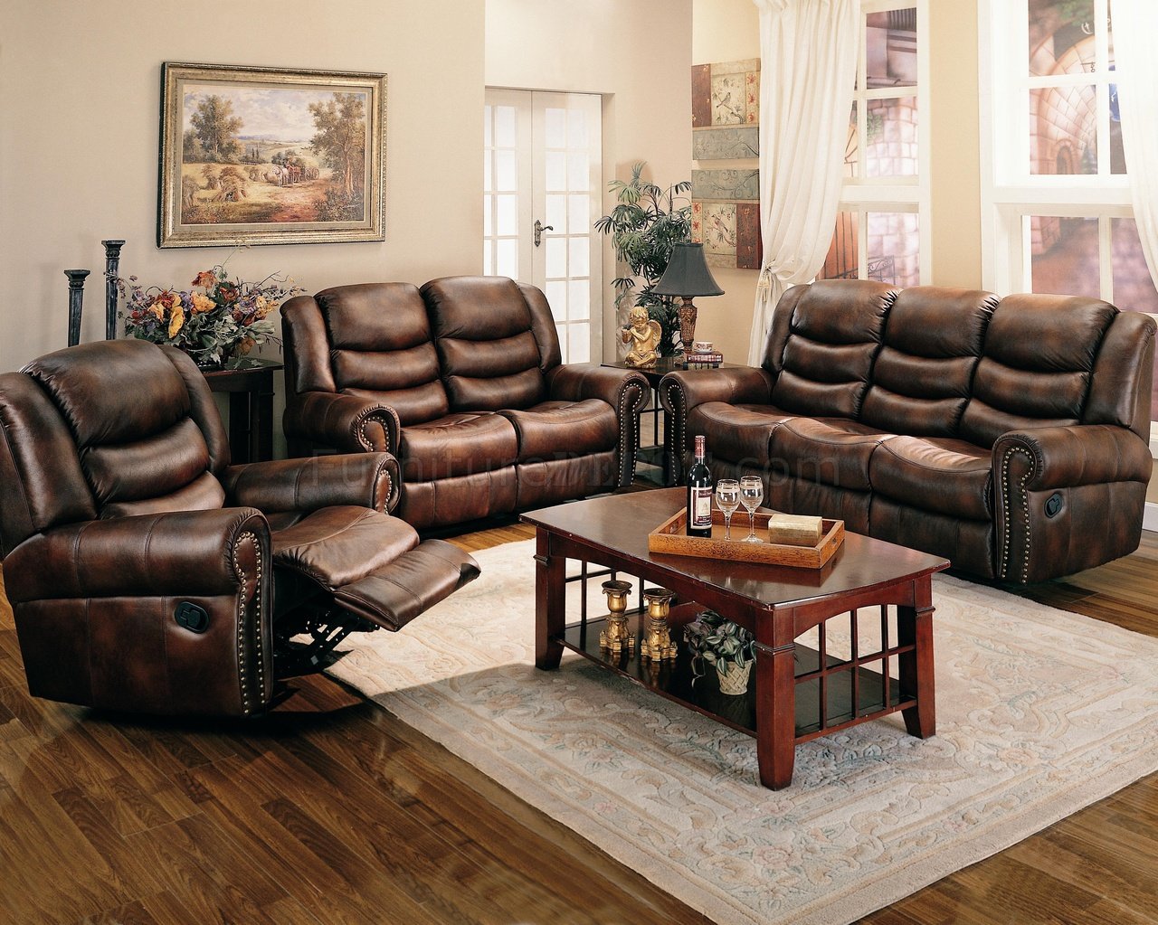 Brown Leather Like Fabric Reclining, Leather And Cloth Living Room Sets