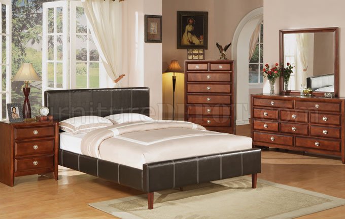 Brown Faux Leather Contemporary Bed w/Optional Casegoods - Click Image to Close