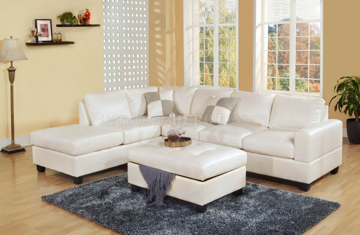 White Bonded Leather Modern Sectional Sofa w/Storage Ottoman - Click Image to Close