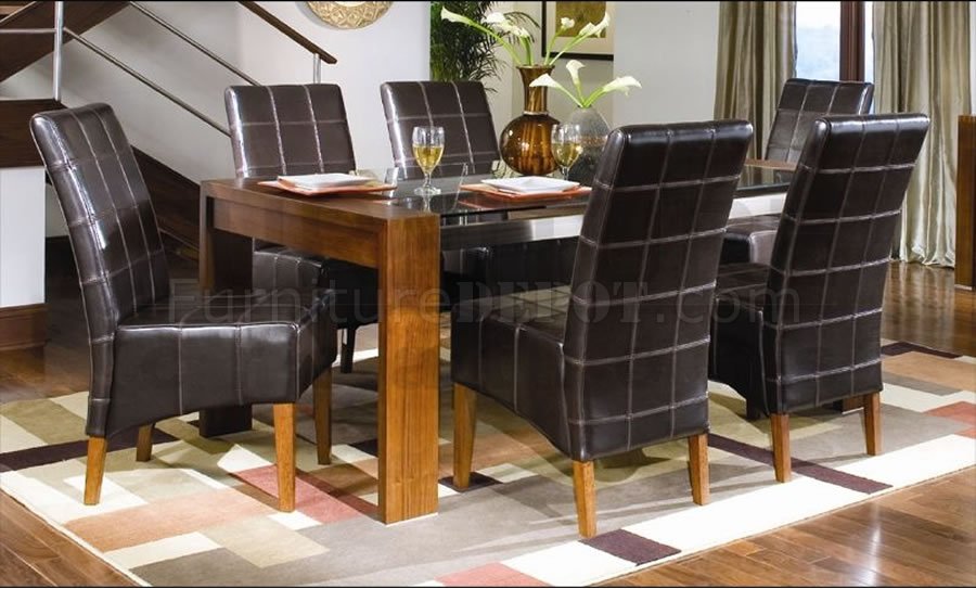 Walnut Finish Modern Dining Room 7Pc Set W/Full Leather Chairs - Click Image to Close