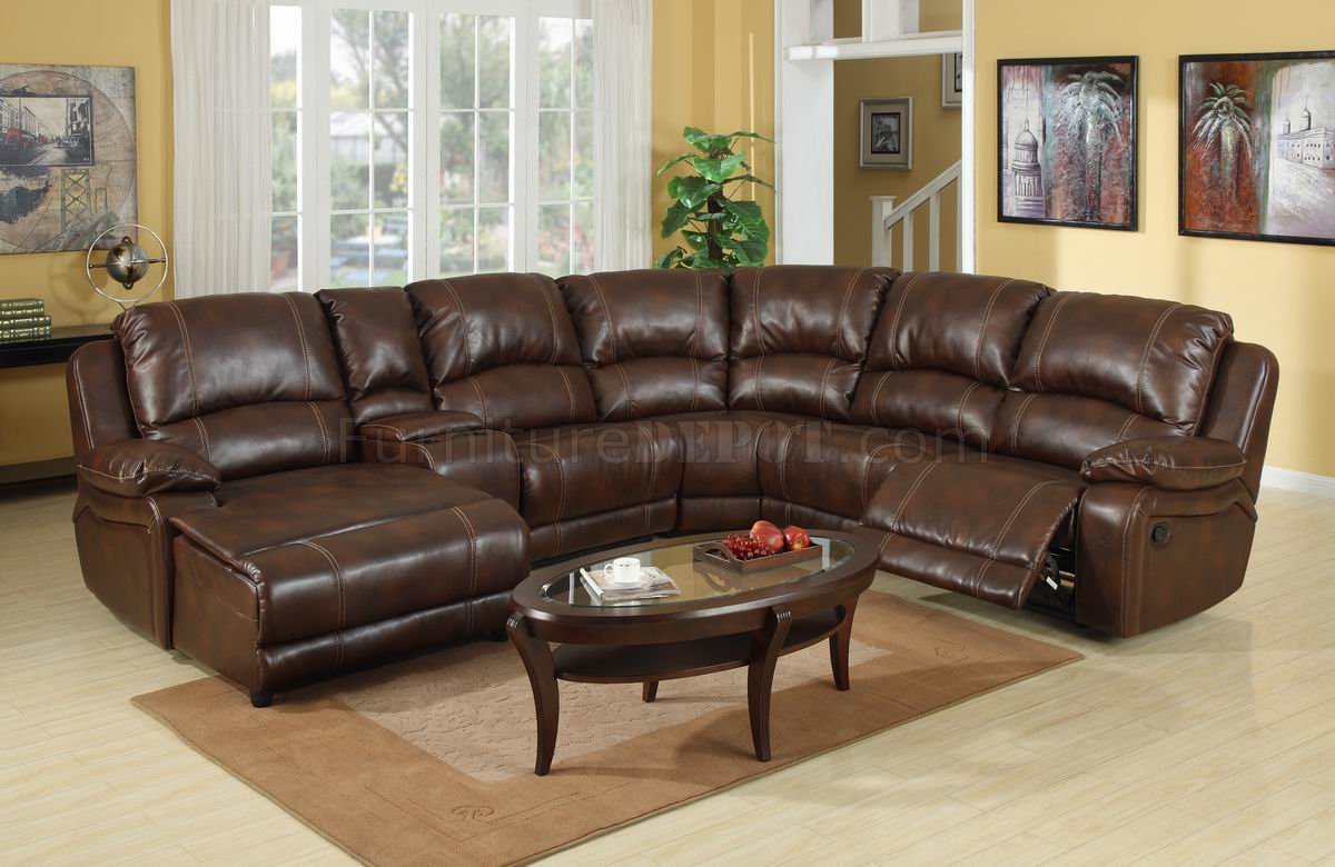 Wine Bonded Leather Modern Reclining Sectional Sofa w/Console - Click Image to Close